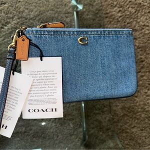 Coach Denim Blue Wristlet with Tan Accents